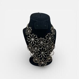 Vintage Daisy Flower Brass Tone Openwork Bib Statement Necklace Rhinestone